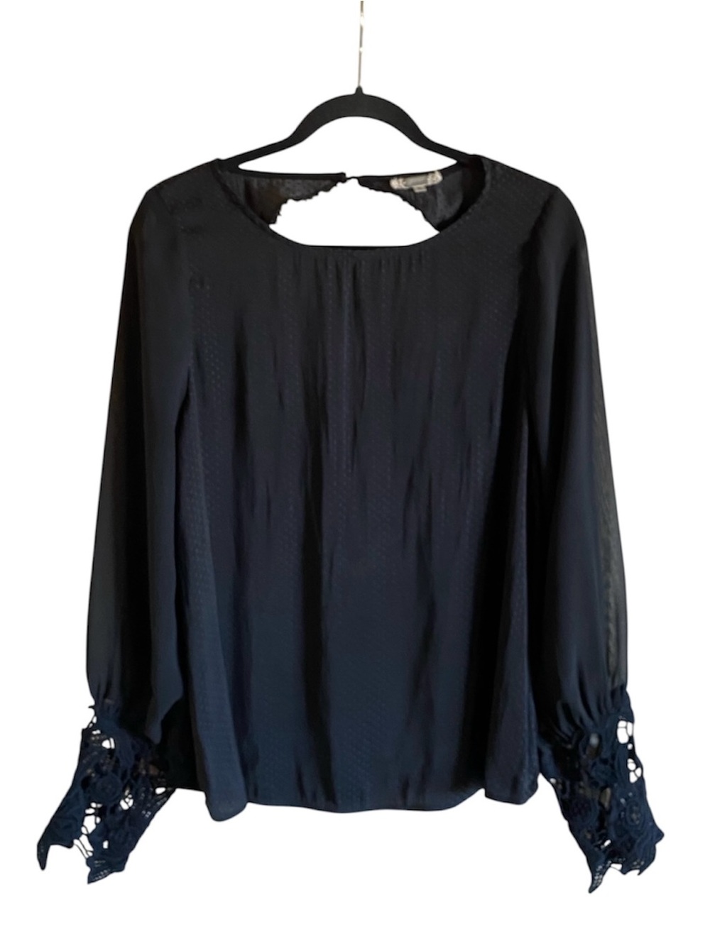 BKE Gimmicks Long Sleeve Black Blouse Lace Cuffs Poka Dots Lace Up Open Back M